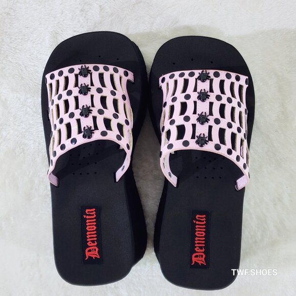 Funn 13 Platform Goth Sandals Pink Hologram Patent Cut Out Web Spider Studs - Picture 3 of 9